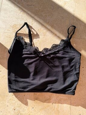 Vintage Garage Black Lace Trim Cami Crop Top with Bow Medium Bella Swan